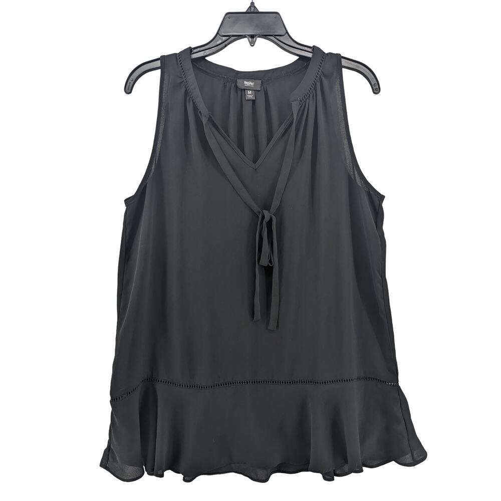 Mossimo Peplum Blouse‎ Medium Black Tie Front Sleeveless V Neck Draped Workwear